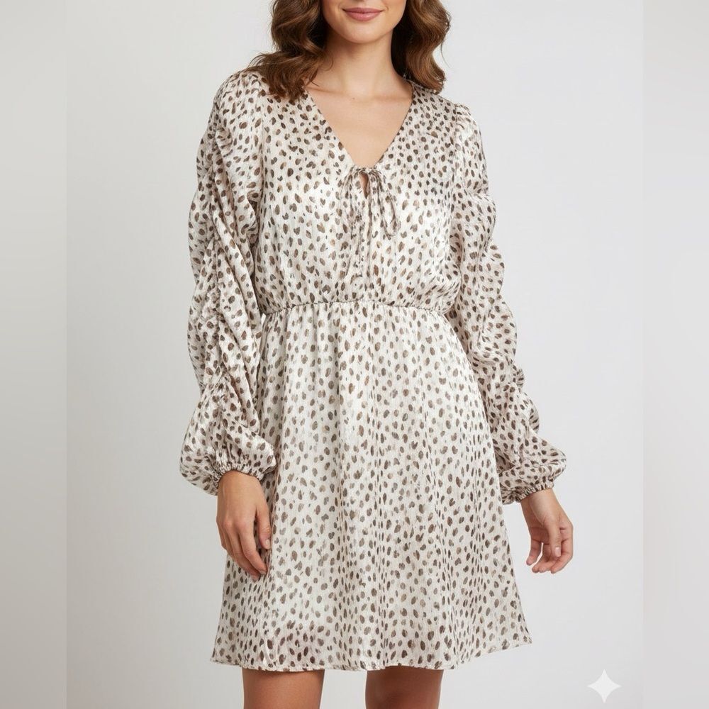 Peach Love California Dot Mini Dress Women’s Size Medium Cream Brown Metallic
